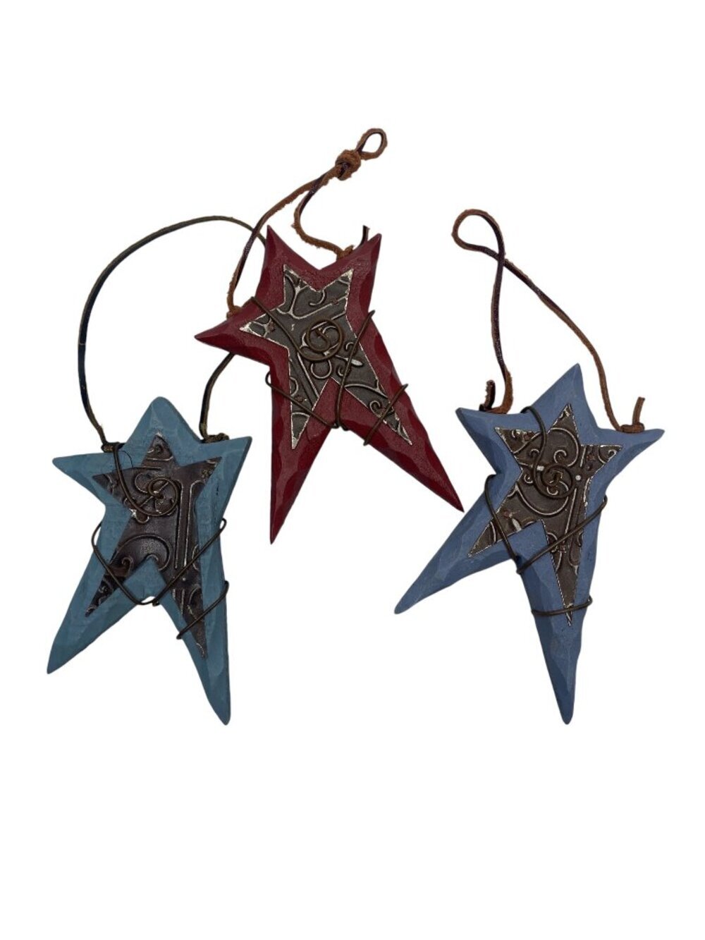 Rustic Americana Wood Star Ornament Set of 3 Patriotic Primitive Decor